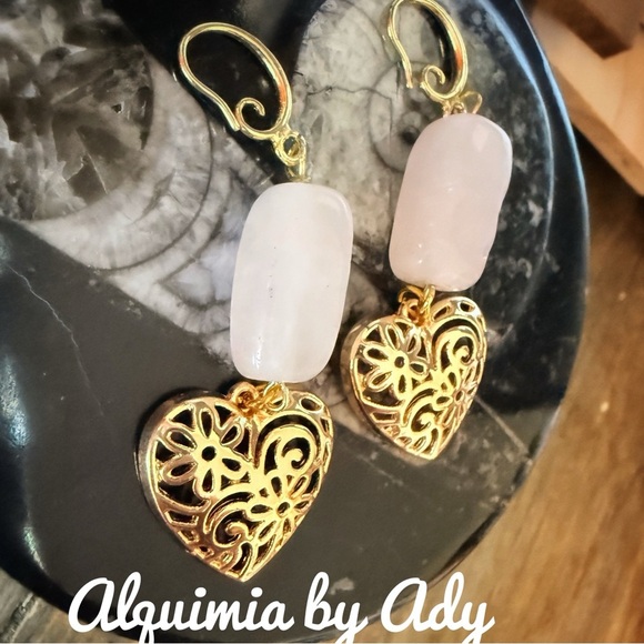Gold and Pink quartz Filigree Heart Drop Earrings - Picture 1 of 1